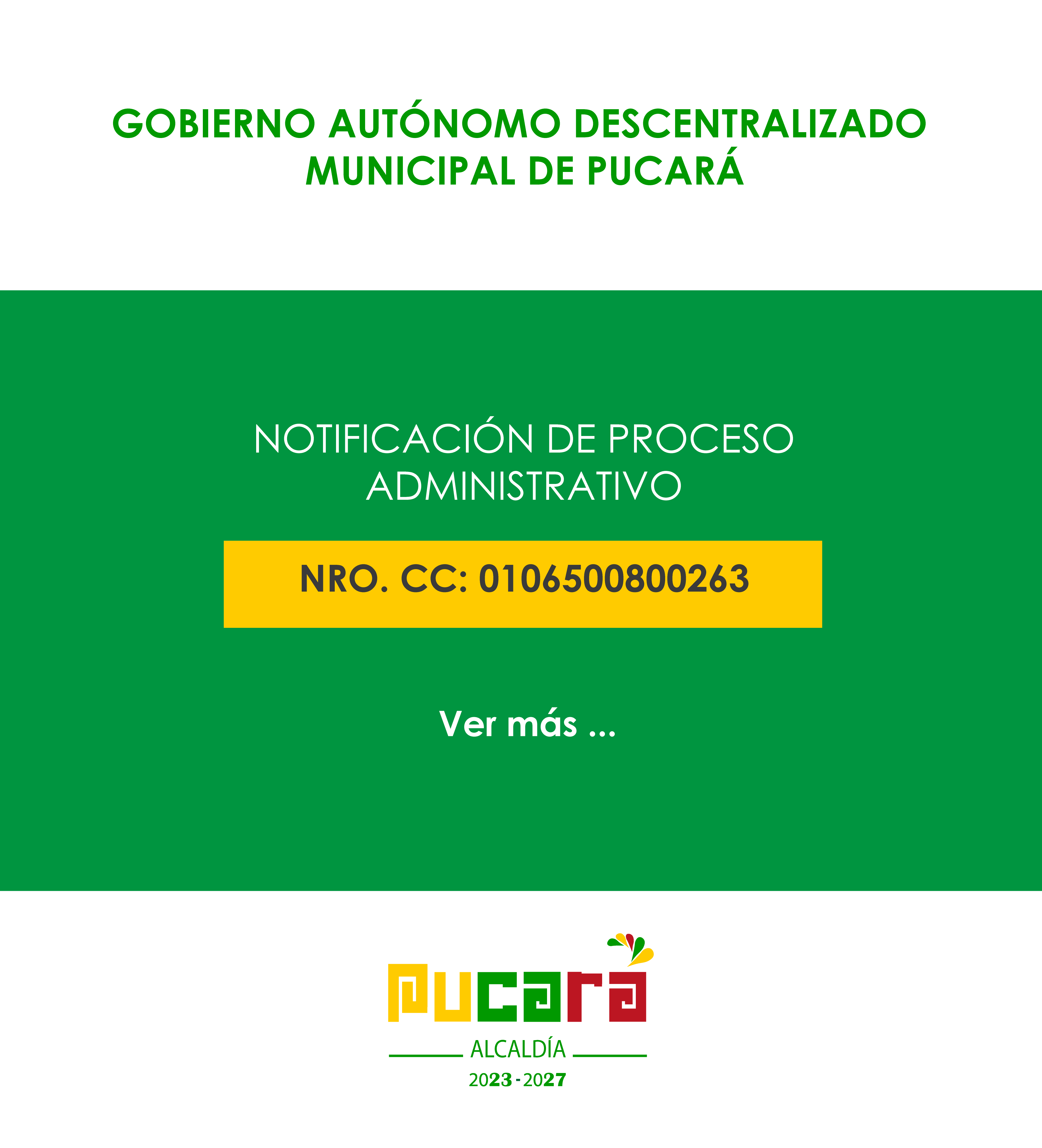 Notificación del proceso administrativo CC. 0106500800263